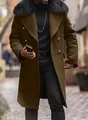 Stylish men's brown double-breasted wool overcoat with luxury black faux fur collar - S / Tops / Brown