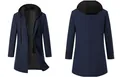 Front and back views of a men's navy blue faux two-piece hooded wool coat with padding - S / Tops / Navy Blue (K63)