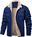 Men's navy blue cotton jacket with warm beige sherpa fleece lining and collar - S / Tops / Dark Blue