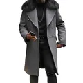 Premium men's grey double-breasted woolen overcoat with large black faux fur collar. - S / Tops / Dark Gray