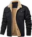 Men's casual black cotton workwear jacket featuring a warm beige sherpa fleece lining - S / Tops / Black