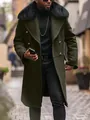 Men's olive green wool overcoat with large black fur collar and double breasted buttons - Army Green