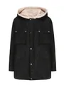 Heren winterjas van zwart suède-imitatie met capuchon en warme beige fleece voering - Zwart