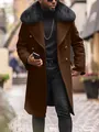 Men's stylish brown double-breasted wool overcoat featuring a large black fur collar. - Dark Brown