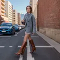 Grey double-breasted woolen coat for women, British style street fashion detail view. - S / Tops / Gray