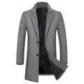 Professional men's mid-length grey plaid wool coat featuring warm quilted lining and lapels - Gray