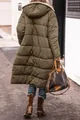 Back view of a women's long olive green hooded quilted puffer coat for winter warmth - S / Tops / Army Green