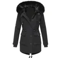 Front view of black women winter parka with luxurious fur hood and multiple utility pockets. - S / Tops / Black