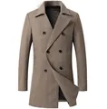 Cappotto di lana medio lungo da uomo con motivo a spina di pesce marrone e doppio petto - Taglia S / Top / Kaki