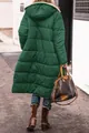 Back view of a long green hooded puffer coat featuring a warm quilted texture for winter - Verdant