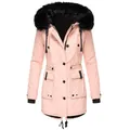Front view detail of a pink women's winter parka jacket with black fur-trimmed hood - S / Tops / Pink