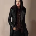 British style black mid-length leather jacket with thick fur collar for women - S / Tops / Black