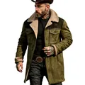Professional detail view of an army green suede jacket featuring a warm fleece lapel collar - Army Green and Black