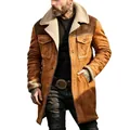Stylish men's brown suede coat featuring a warm shearling collar and patchwork design details. - Ginger Yellow and Coffee