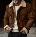 Detail of vintage brown suede jacket with warm cream lamb wool lining and collar. - S / Tops / Coffee