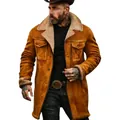 Detailed view of the brown men's suede jacket with a shearling collar on a male model. - S / Tops / Turmeric