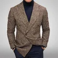 Blazer en tweed marron à boutonnage croisé pour homme avec motif pied-de-poule élégant - S / Hauts / Marron