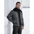 Elegante chaqueta de lana gris para hombre con cuello de piel negra en la nieve - M / Parte Superior (N37) / Gris