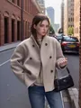Elegant beige double-breasted wool coat for women in a classic British fashion style - S / Tops / Khaki
