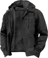 Detail view of men's fleece-lined hooded jacket with zip pockets and textured finish - S / Tops / Black