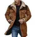 Detail view of men's brown suede shearling jacket with stylish color-block shoulders - Khaki & Coffee