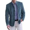 Professionele retro donker cyaan corduroy casual blazer voor heren met klassieke opstaande kraag - S / Tops / Hemelsblauw