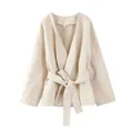 Detailed close-up view of a cream French style wool coat with elegant V-neck and matching waist belt - S / Off White