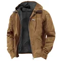 Detailed view of brown men's hooded jacket with warm black fleece lining - S / Tops / Camel