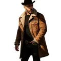 Detail view of a men's brown suede jacket with faux shearling collar and pockets - Khaki + Brown