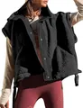 Women's warm black sherpa fleece vest with snap buttons and a stylish stand collar design - S / Tops / Black
