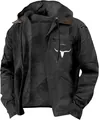 Close-up van een premium zwart jack met capuchon met warme fleecevoering en stierenkopopdruk - S / Tops / Zwart (Stierkop Logo Stijl)