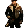 Detail view of mens vintage shearling suede jacket with patchwork design and multi pockets - Black+Coffee