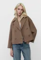 Front view of a brown double-breasted wool short coat with large lapels on a model. - S / Tops / Camel
