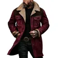 Detailed view of men's burgundy suede jacket with warm faux shearling collar - Wine Red and Coffee