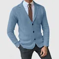 Detailed view of a light blue slim-fit knit blazer for men with a textured finish - M / Tops / Light Blue