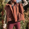 Soft sherpa fleece vest for women in rustic orange, warm outdoor sleeveless jacket detail - S / Tops / Dark Brown