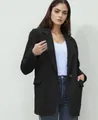 Professional casual black wool blazer for women with notched lapel and pockets - Black