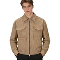 Premium men's khaki suede jacket featuring zipper closure and large utility flap pockets. - S / Tops / Brown