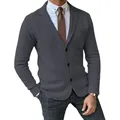 Detail view of a men's slim fit grey knitted blazer styled with a brown tie and shirt - M / Tops / Dark Gray