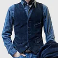 Men's American retro navy blue corduroy workwear vest with classic button closure - S / Top (Flap Pocket Vest) / Dark Blue