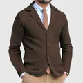 Men's slim fit brown knitted blazer jacket with notched lapel and patch pockets - 2XL / Tops / Coffee