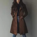 Elegant western style brown suede mid-length coat with waist-cinching design for women - S / Tops / Dark Brown
