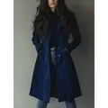 Elegant women's slim-fit faux suede long coat in navy blue, classic western style outerwear. - S / Tops / Dark Blue