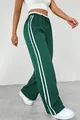 Detailed view of green high-waisted wide-leg track pants with double white side stripes. - S / Bottoms / Green