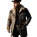 Men's vintage brown suede patchwork jacket with warm fleece lining and multi-pocket design - S / Tops / Grey + Black