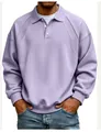 Detail of men's lavender polo sweatshirt with ribbed shoulder texture and white buttons. - M / Tops / Purple