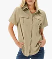 Macro detail showing the texture and pockets of a women's quick-dry outdoor hiking shirt - S / Tops / Mud Yellow