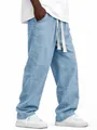 Men's lightweight linen straight-leg trousers in light blue with drawstring waist. - S / Bottoms / Blue