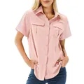 Front detail of women's quick-dry pink short-sleeve outdoor shirt with pockets - S / Tops / Pink