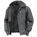 Casual men's charcoal hooded jacket featuring warm fleece lining and brown collar detail - S / Tops / Gray